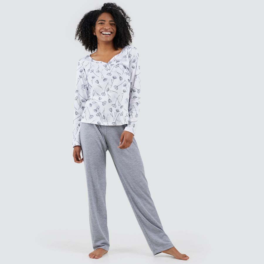 Pijama Para Mujer Flores Grises Color Gris, Talla S