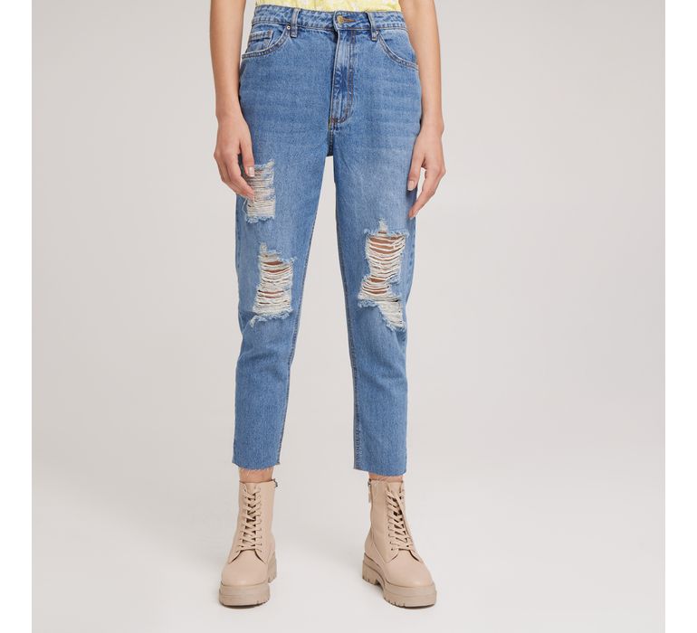 Jeans Mom Fit Tiro Alto com Rotos, Jeans para Mulher